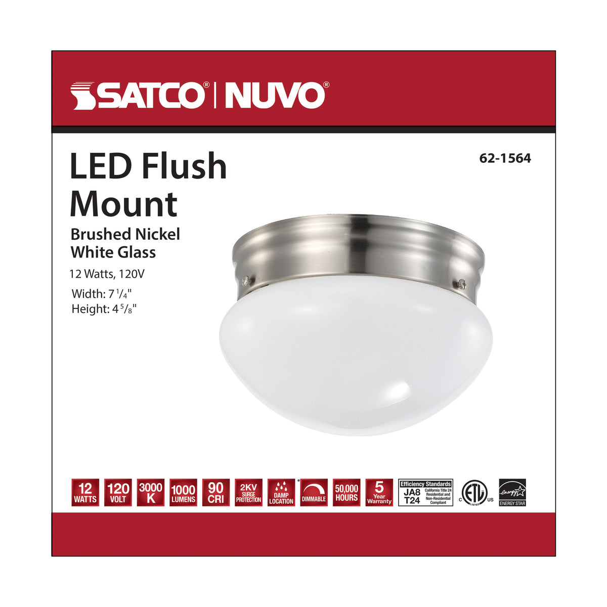 12 Watt - 7 inch - LED Flush Mount Fixture - 3000K - Dimmable - Brushed Nickel - Frosted Glass