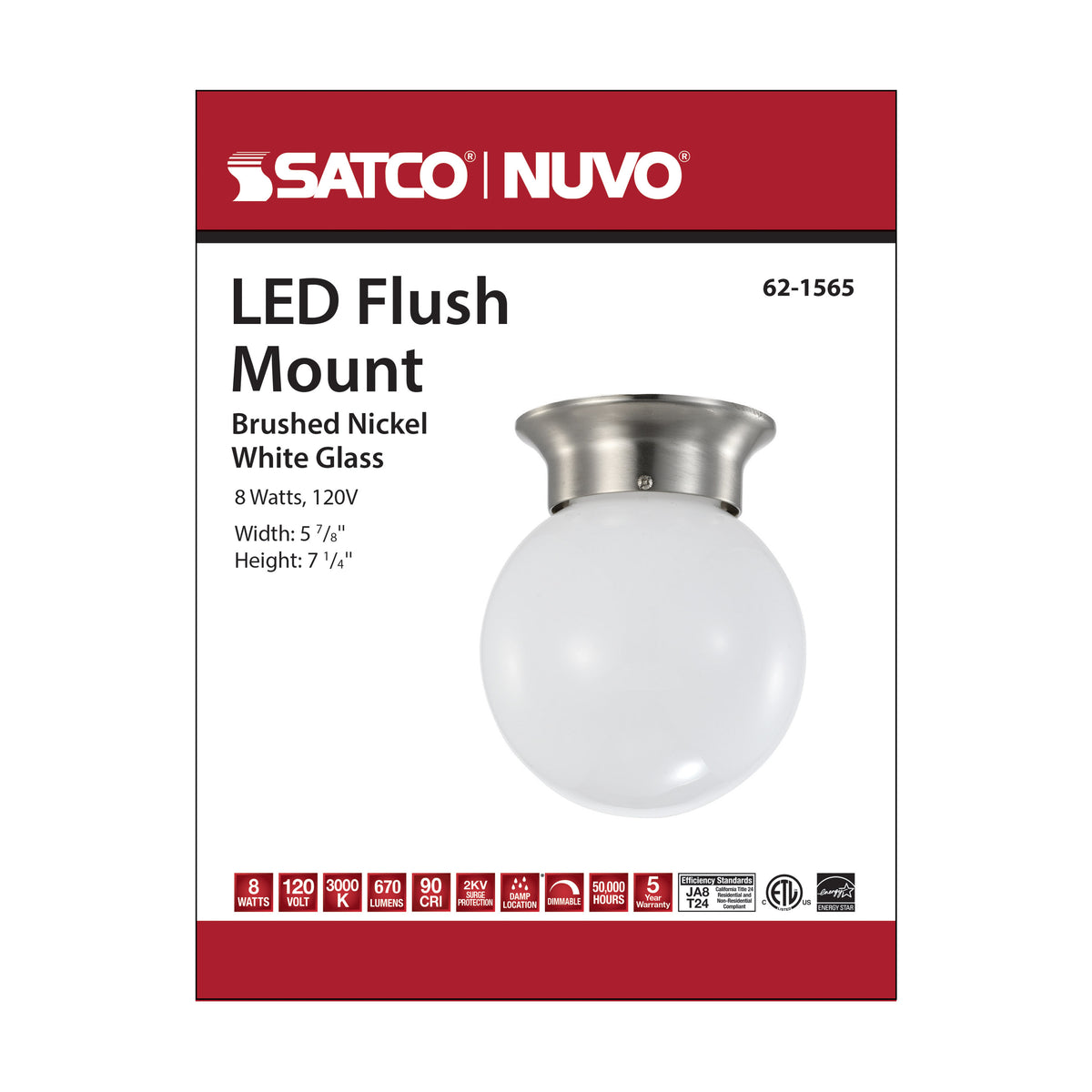 8 Watt - 6 inch - LED Flush Mount Fixture - 3000K - Dimmable - Brushed Nickel - Frosted Glass