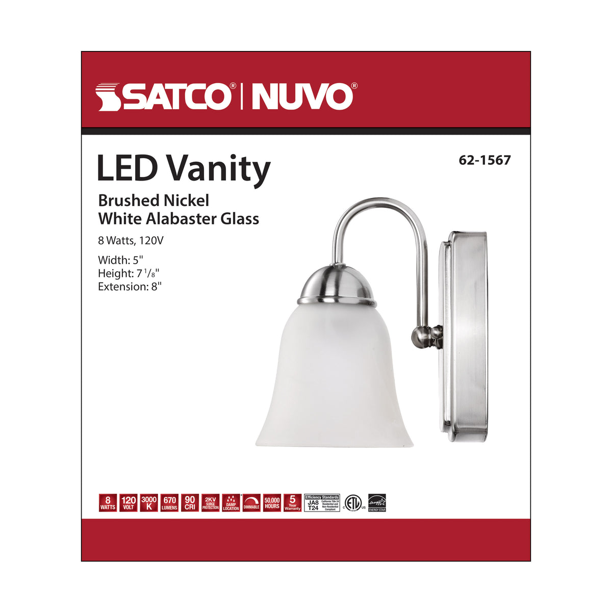 8 Watt - LED 1 Light Vanity Fixture - 3000K - Brushed Nickel with Alabaster Glass