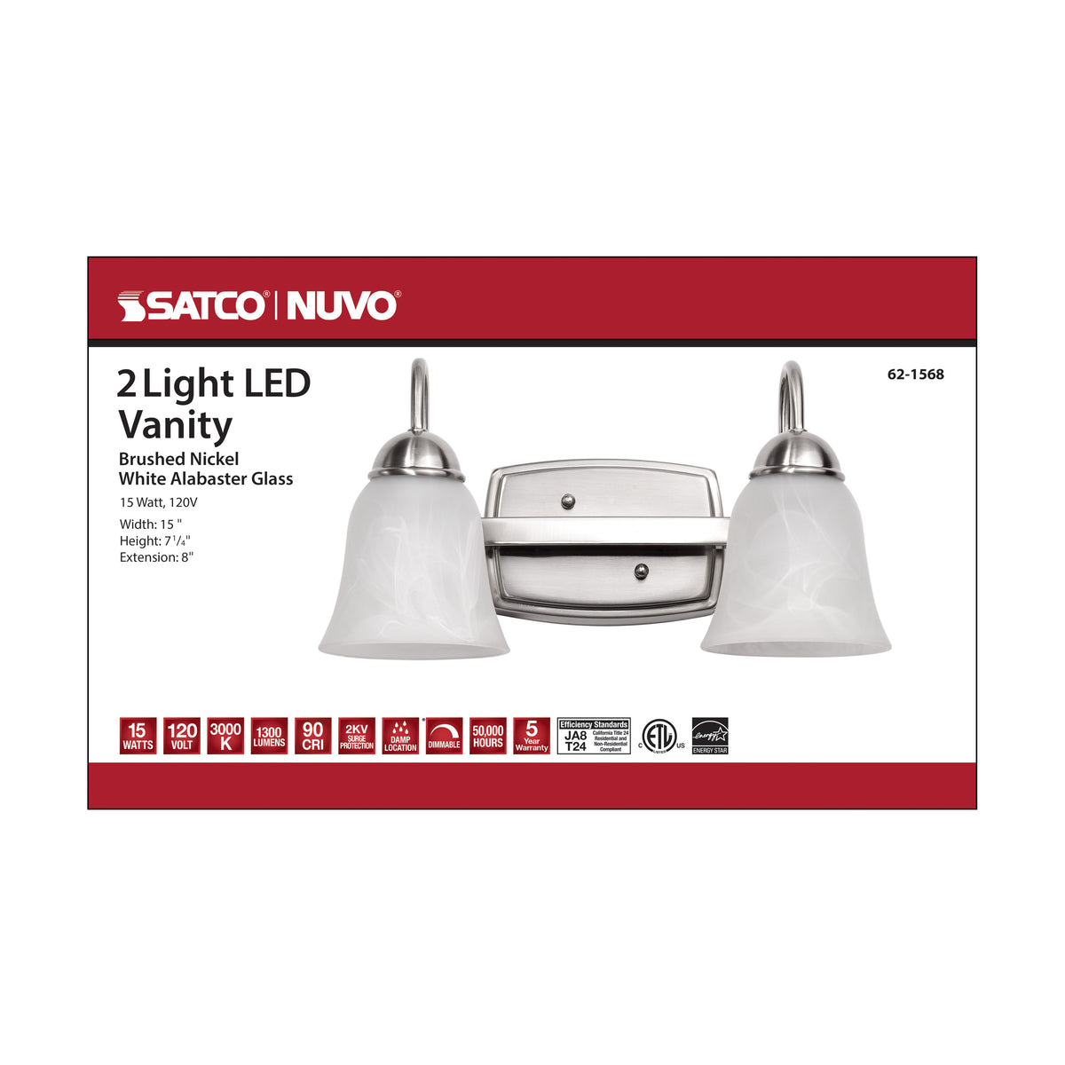 15 Watt - LED 2 Light Vanity Fixture - 3000K - Brushed Nickel with Alabaster Glass