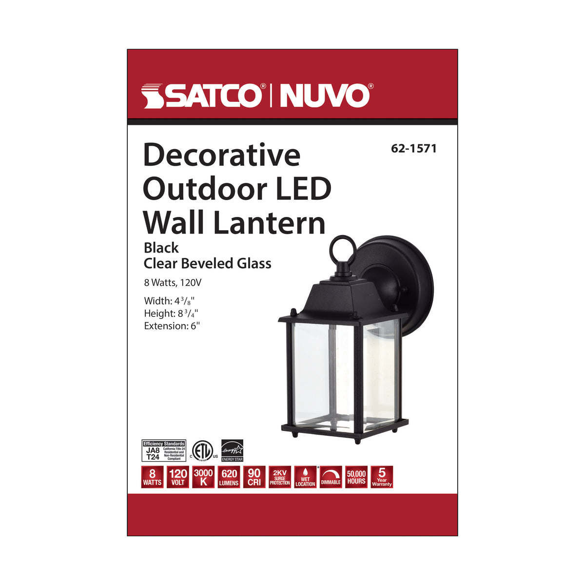 8 Watt - 3000K - LED Cube Lantern - Black Finish - Clear BeveLED Glass