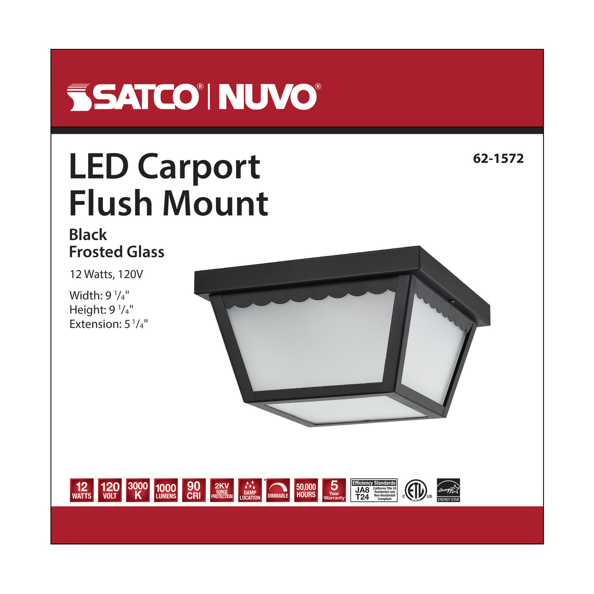12 Watt - 9 inch - LED Carport Flush Mount Fixture - 3000K - Dimmable - Black Finish with Frosted Glass