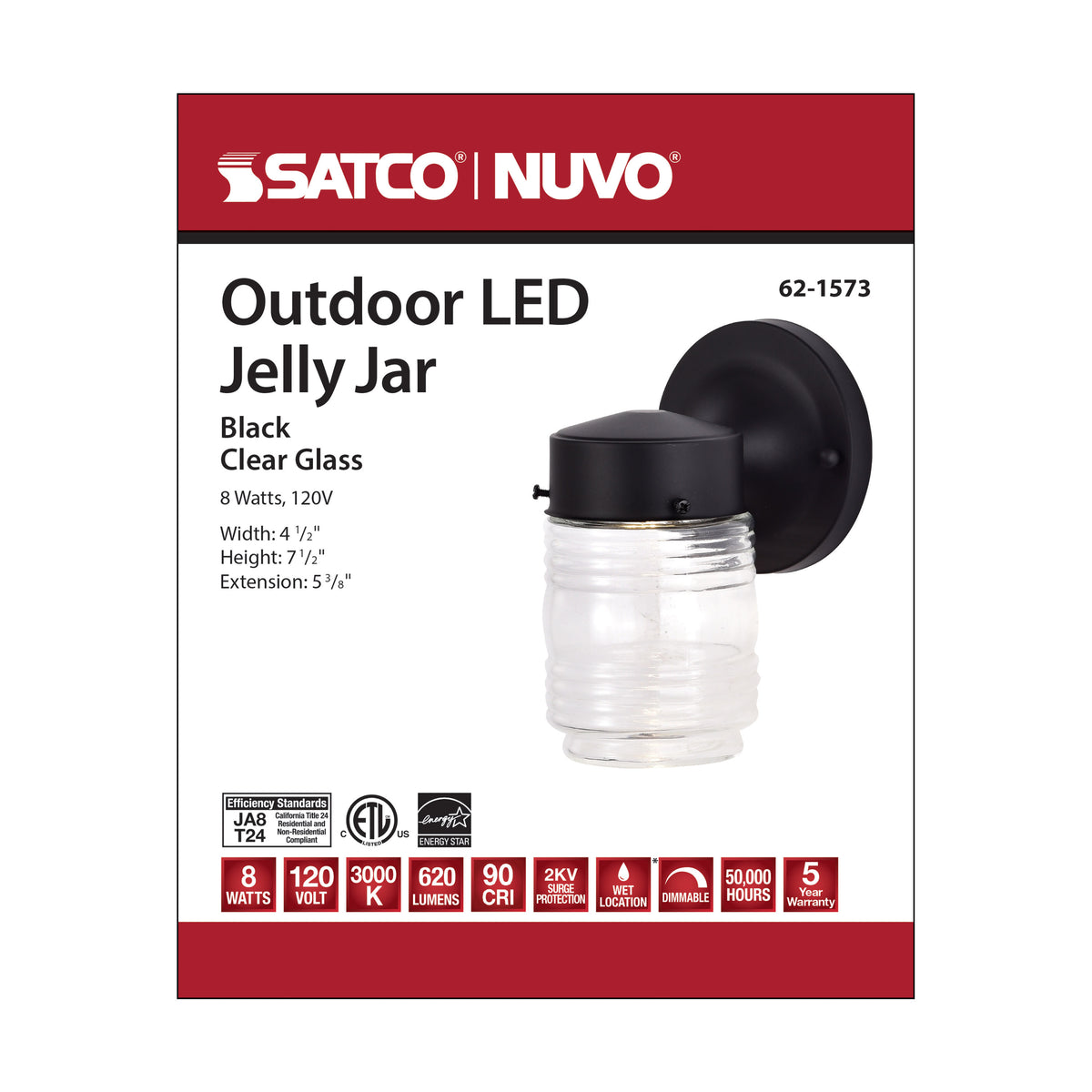 8 Watt - 1 Light - Porch - Wall - Mason Jar Fixture - 3000K - Black Finish with Clear Glass