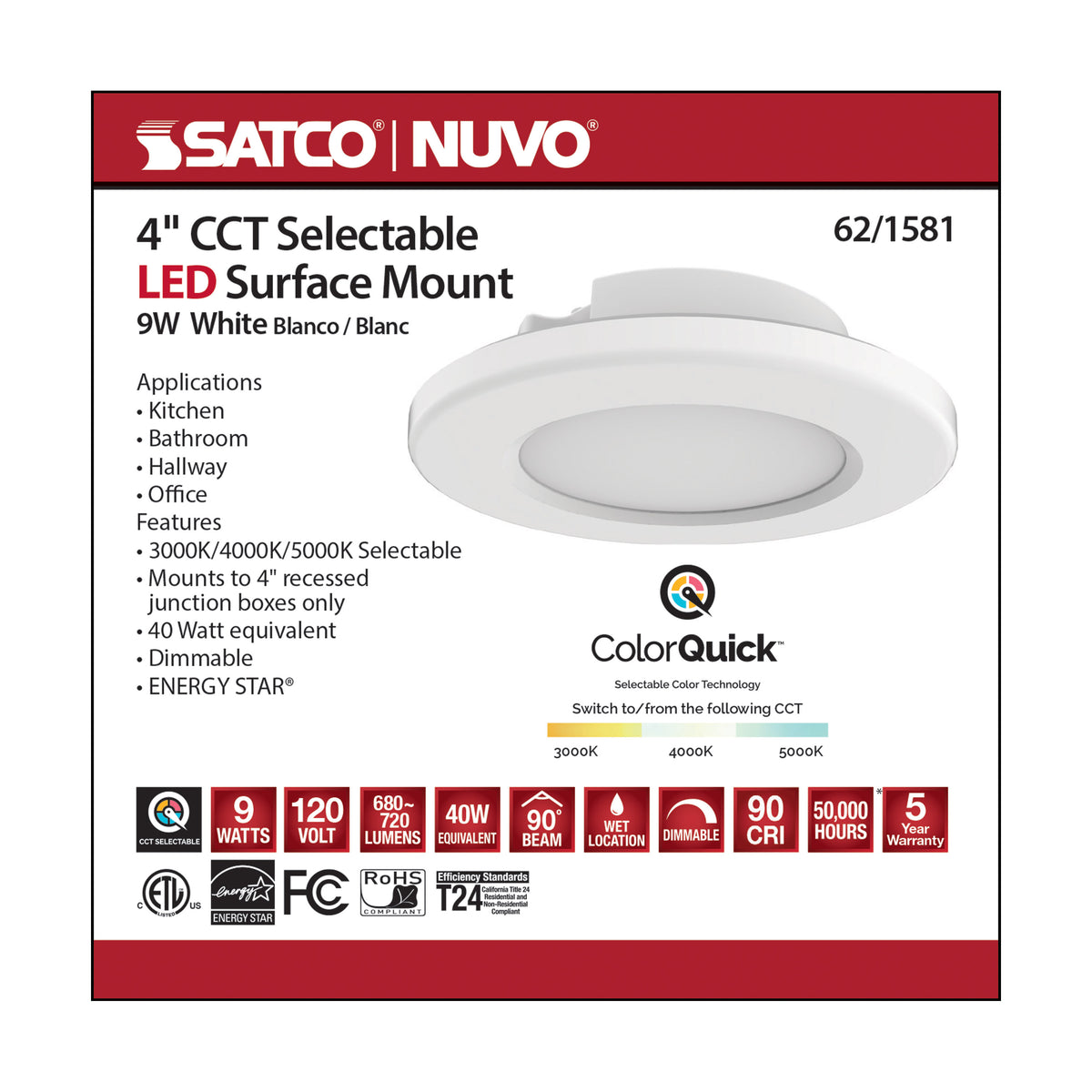4 inch - LED Surface Mount Fixture - CCT Selectable 3K/4K/5K - White - White Finish