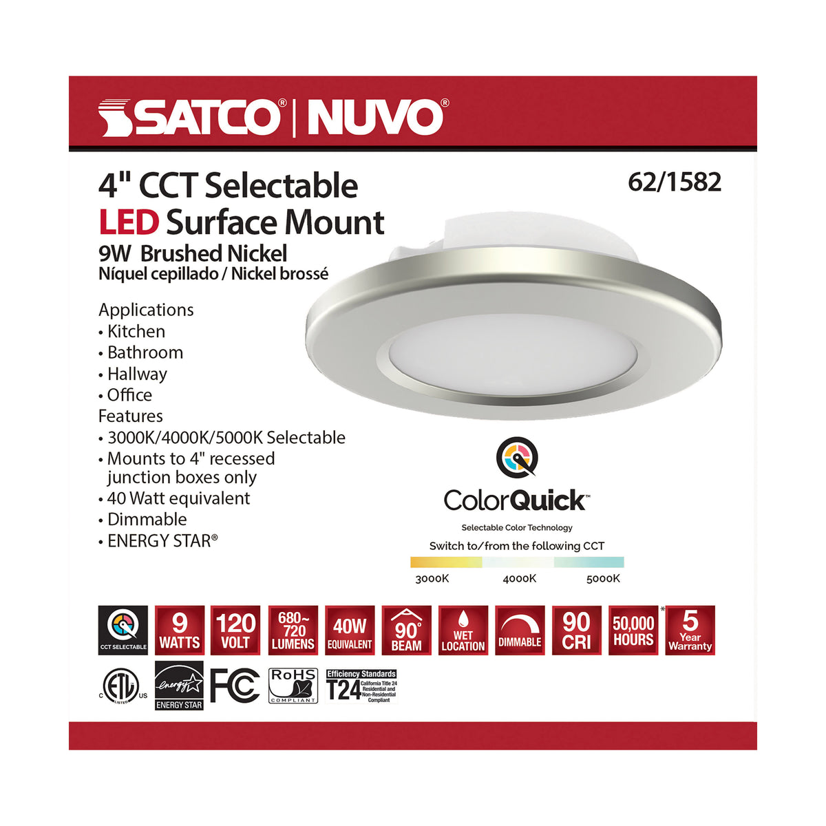 4 inch - LED Surface Mount Fixture - CCT Selectable 3K/4K/5K - Brushed Nickel
