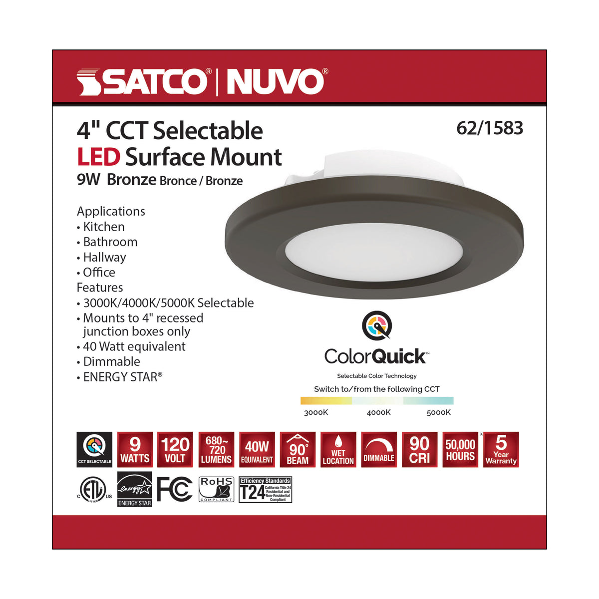 4 inch - LED Surface Mount Fixture - CCT Selectable 3K/4K/5K - Bronze