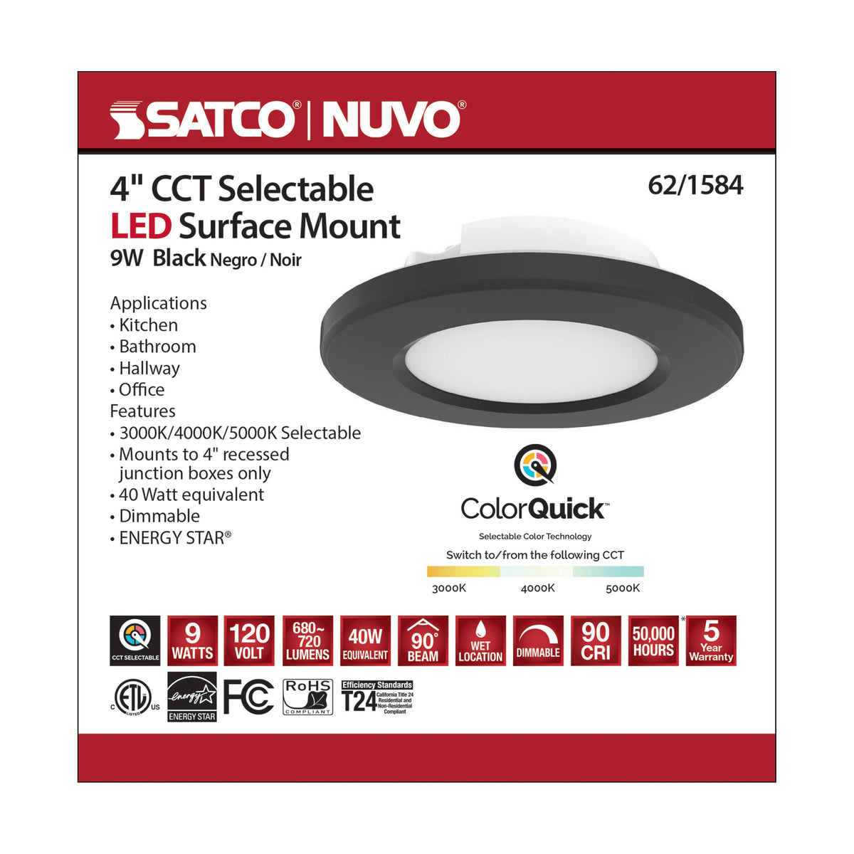 4 inch - LED Surface Mount Fixture - CCT Selectable 3K/4K/5K - Black