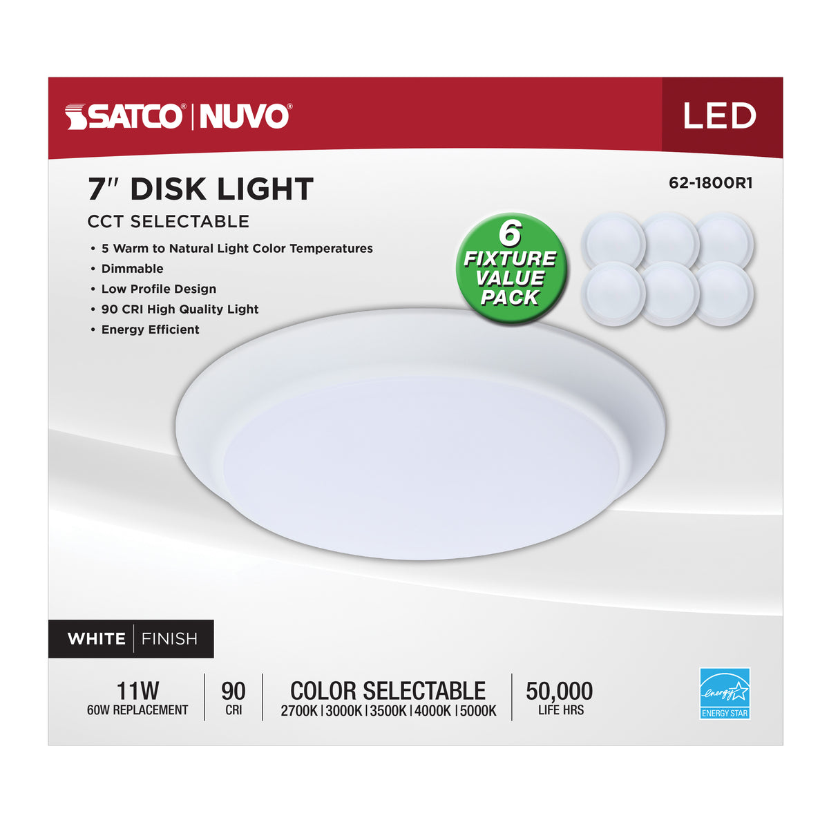 7 Inch LED Disk Light - 27K/3K/35K/4K/5K CCT Selectable - White Finish - 6 Unit Contractor Pack