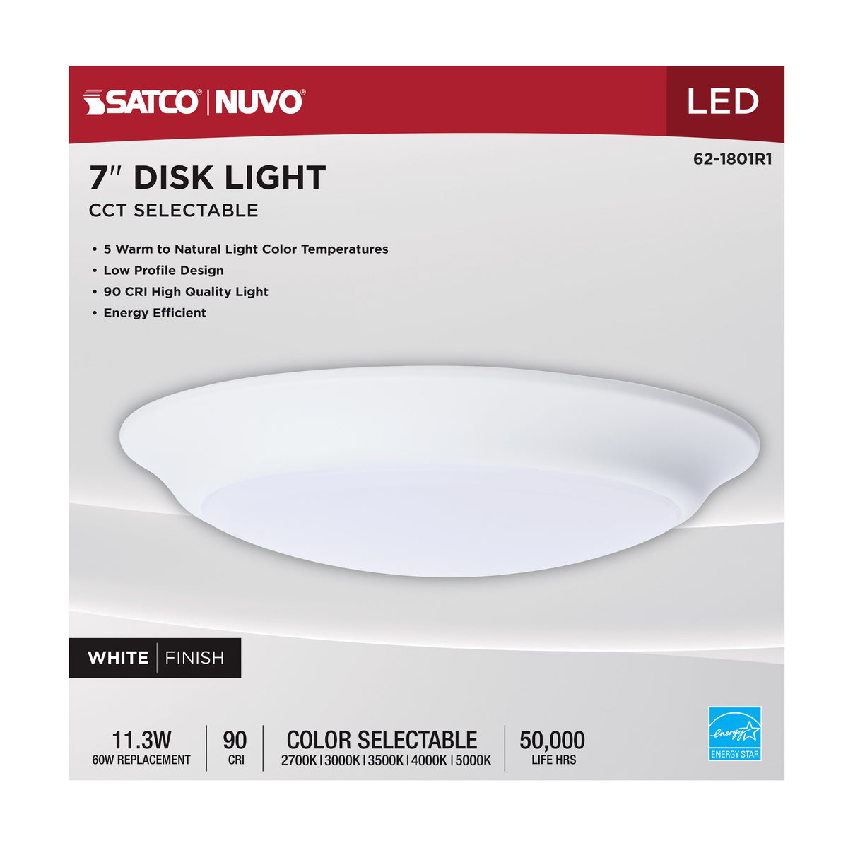 7 Inch LED Disk Light - 27K/3K/35K/4K/5K CCT Selectable - White Finish