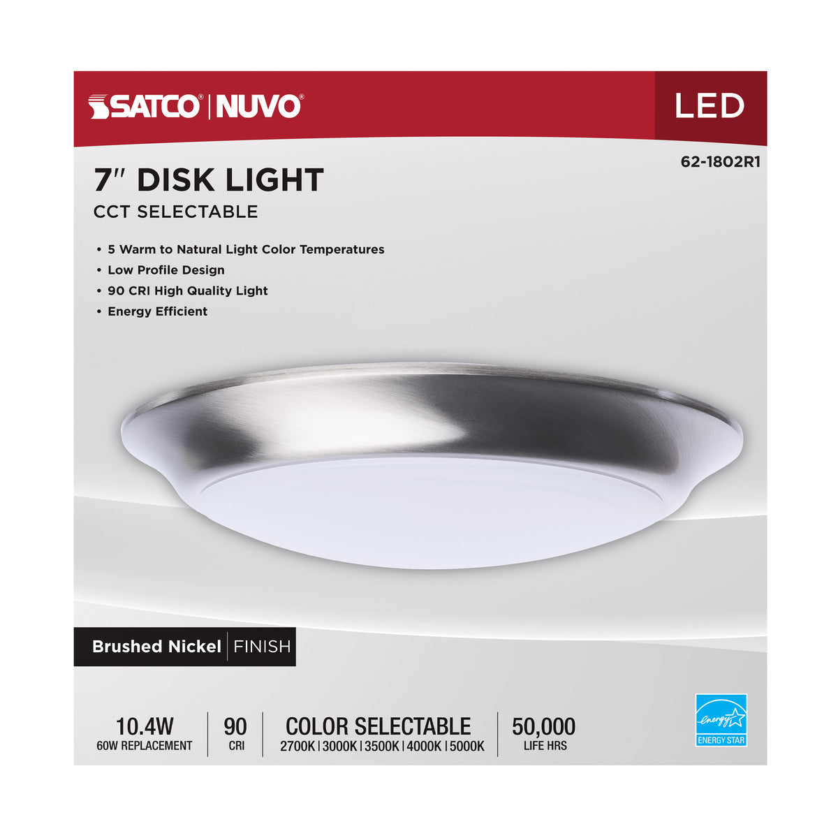 7 Inch LED Disk Light - 27K/3K/35K/4K/5K CCT Selectable - Brushed Nickel Finish