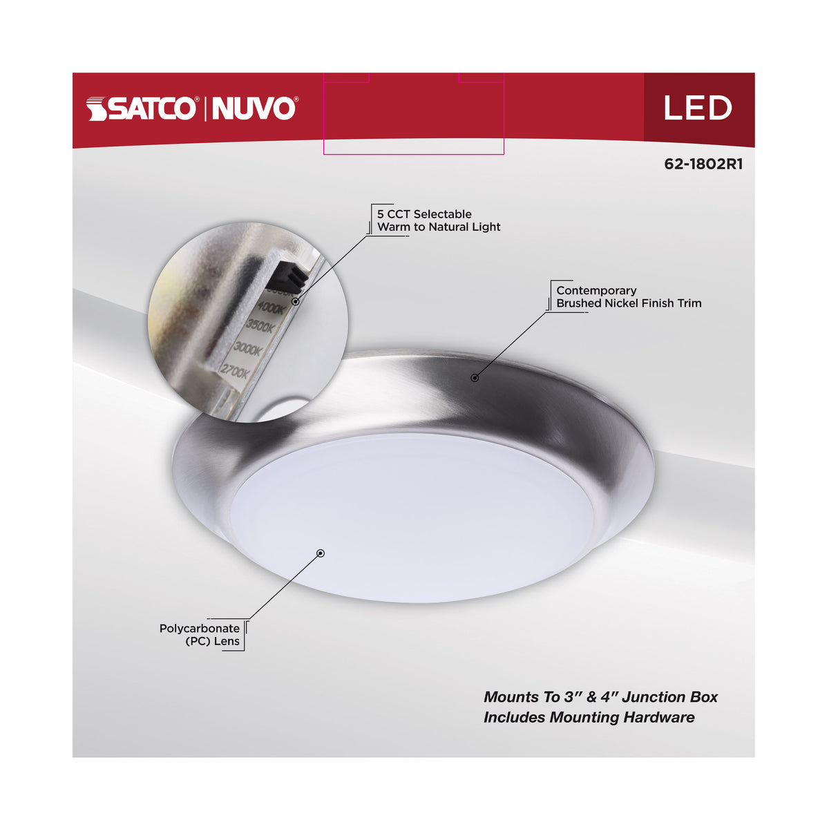 7 Inch LED Disk Light - 27K/3K/35K/4K/5K CCT Selectable - Brushed Nickel Finish