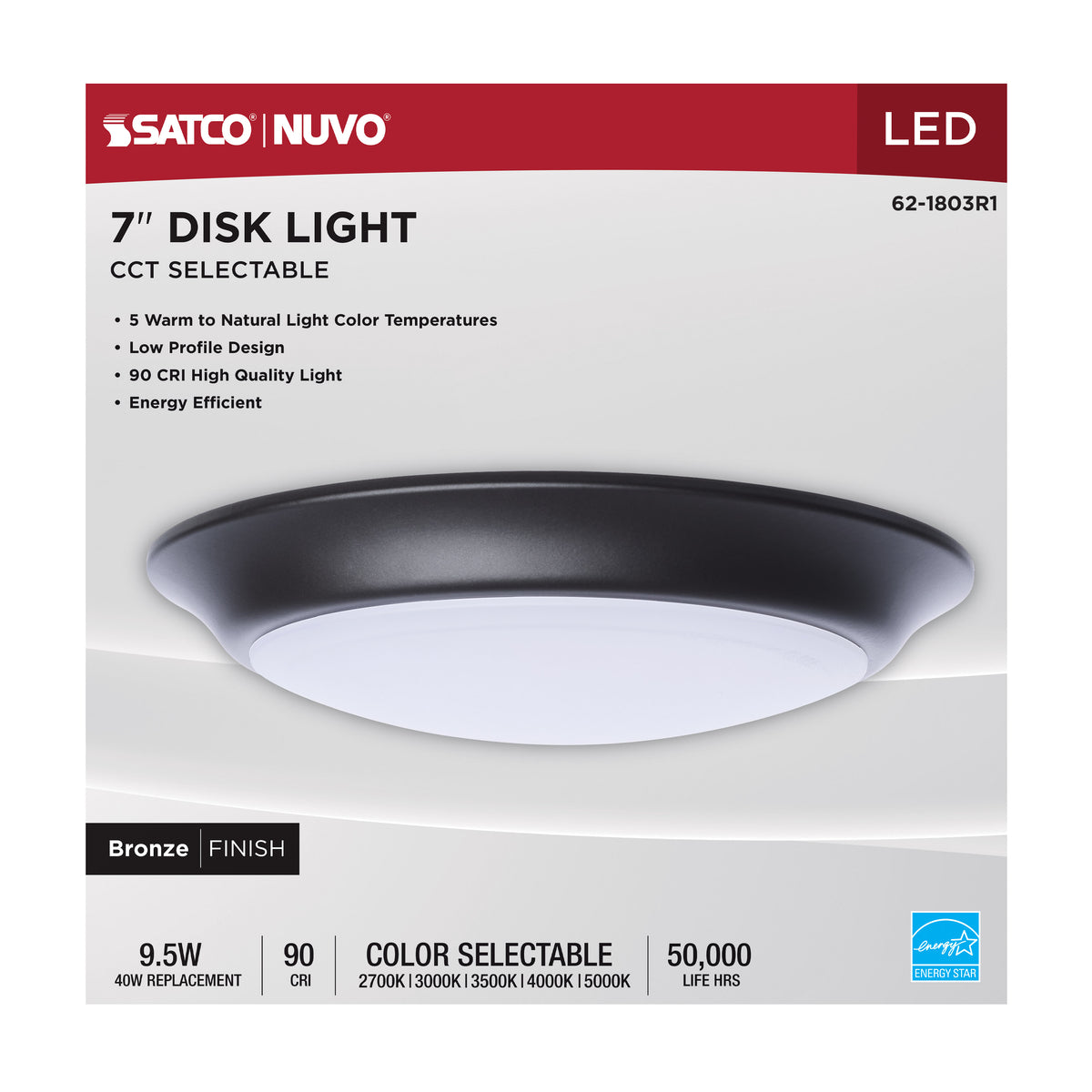 7 Inch LED Disk Light - 27K/3K/35K/4K/5K CCT Selectable - Bronze Finish