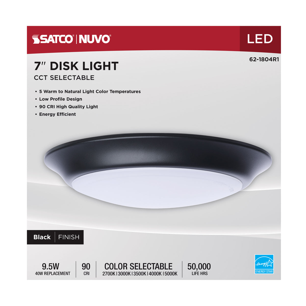 7 Inch LED Disk Light - 27K/3K/35K/4K/5K CCT Selectable - Black Finish