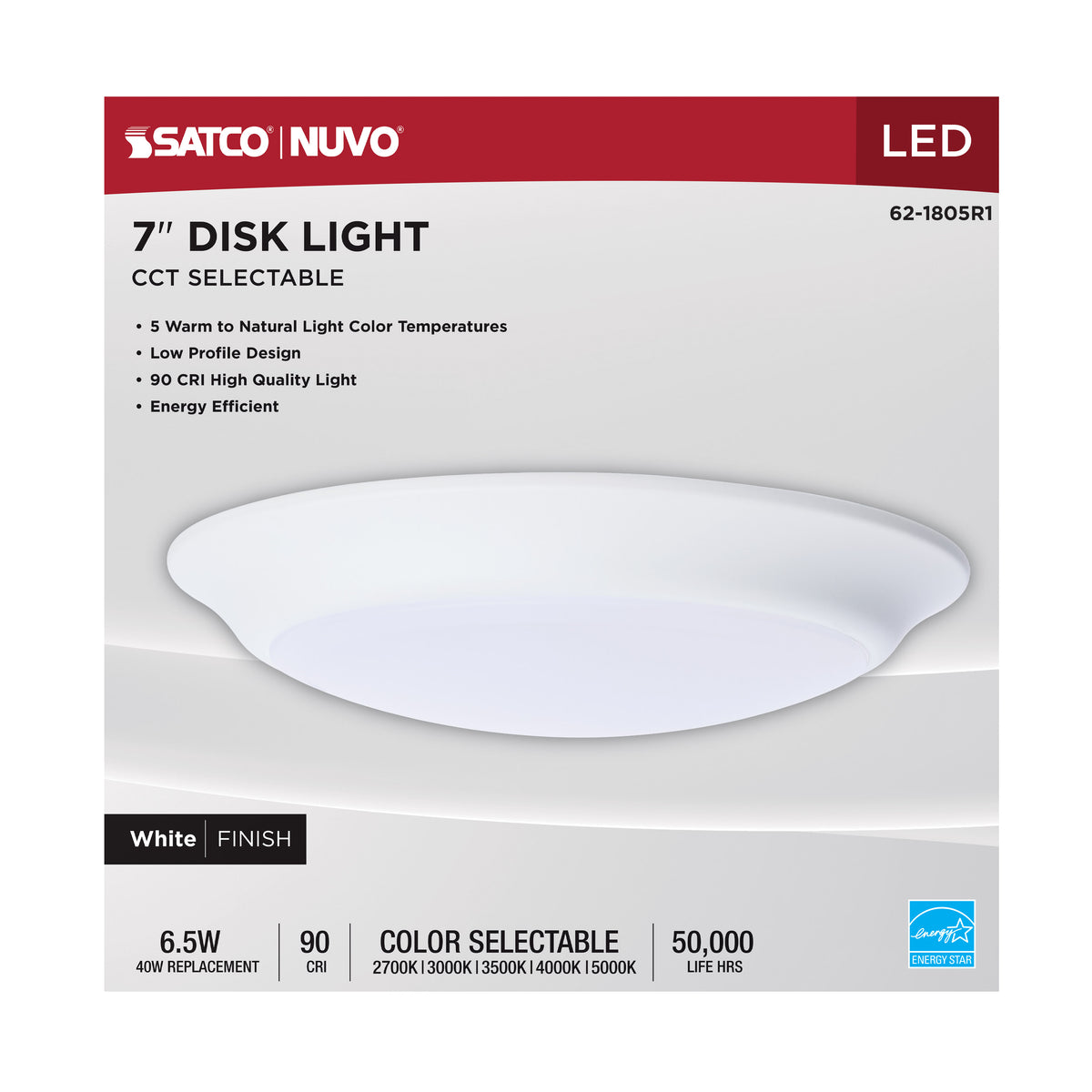 6.5 Watt - 7 Inch LED Disk Light - 27K/3K/35K/4K/5K CCT Selectable - White Finish