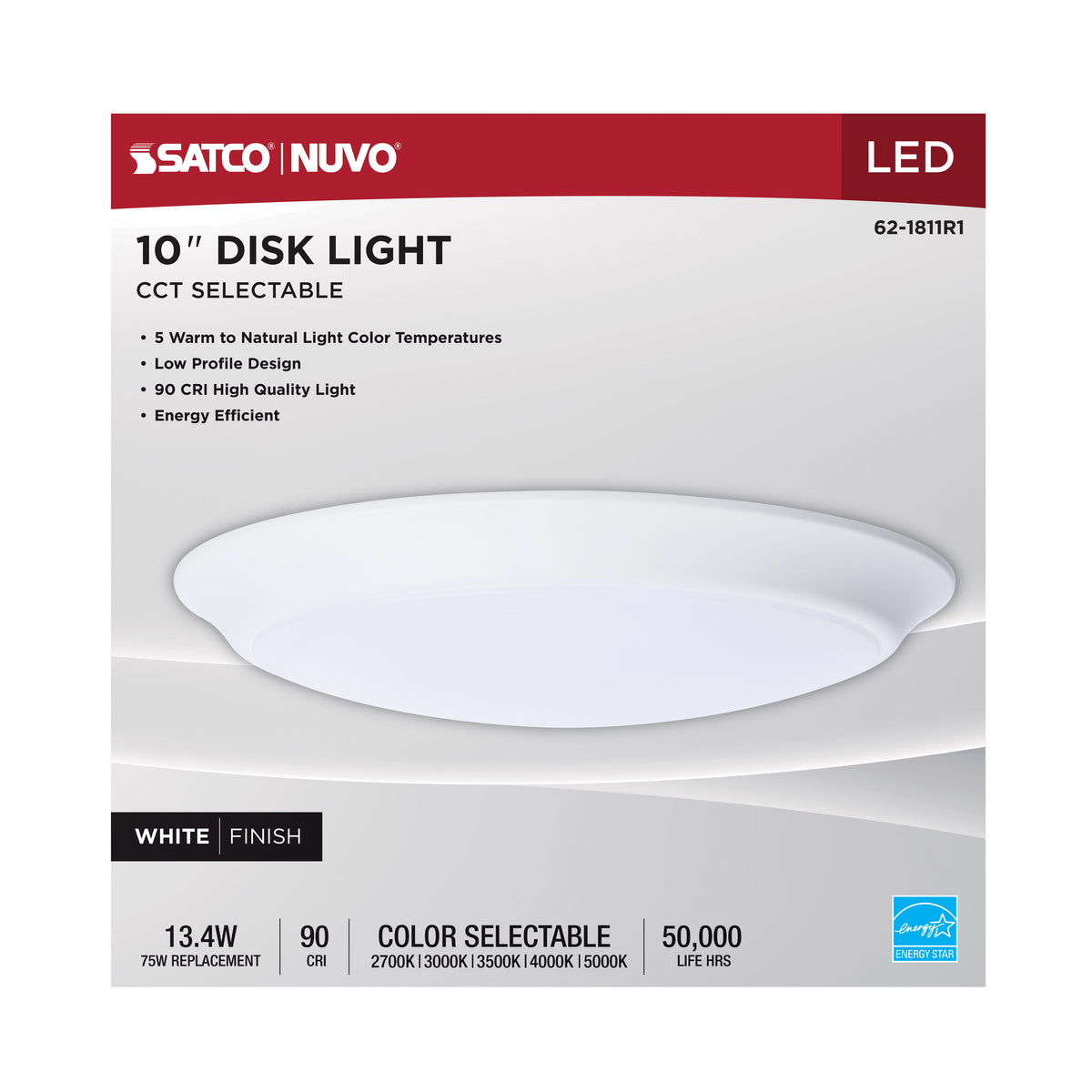 10 Inch LED Disk Light - 27K/3K/35K/4K/5K CCT Selectable - White Finish