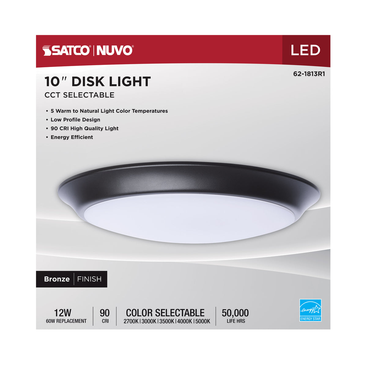 10 Inch LED Disk Light - 27K/3K/35K/4K/5K CCT Selectable - Bronze Finish