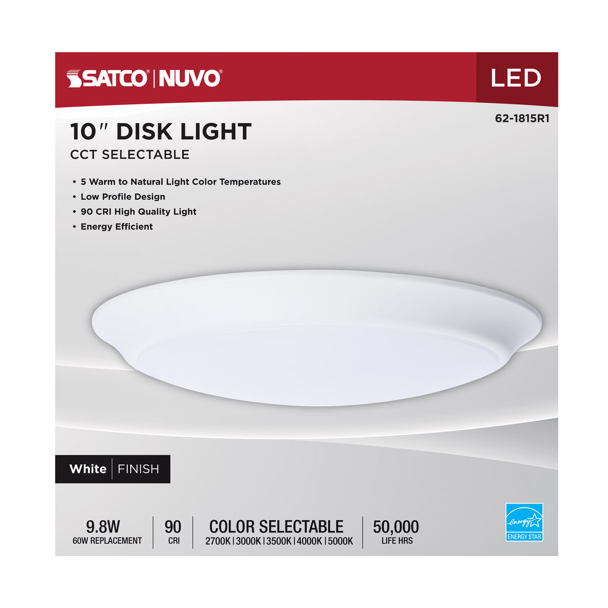 9.8 Watt - 10 Inch LED Disk Light - 27K/3K/35K/4K/5K CCT Selectable - White Finish