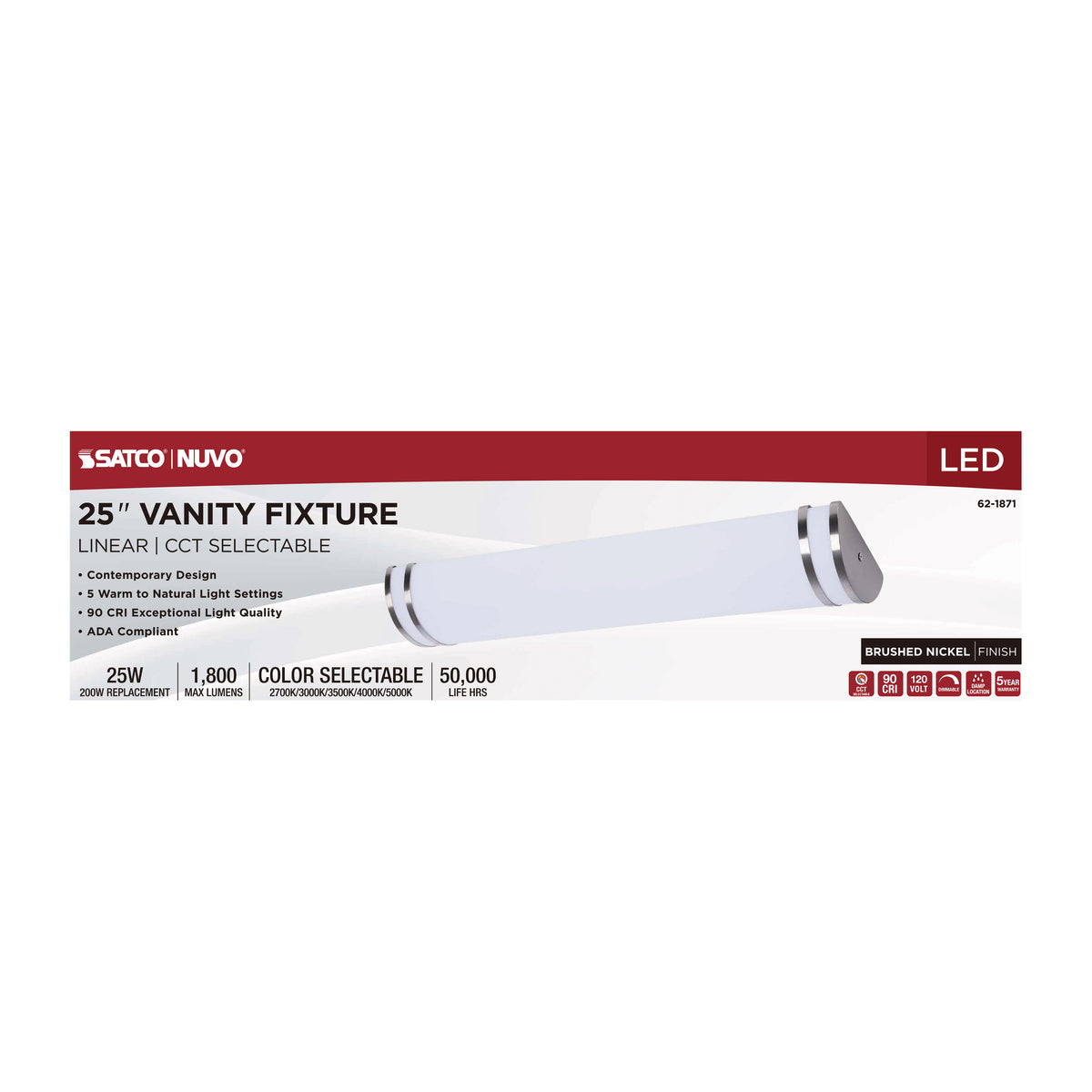 Glamour - LED 25 Inch Vanity - Brushed Nickel Finish - 27K/3K/35K/4K/5K CCT Selectable