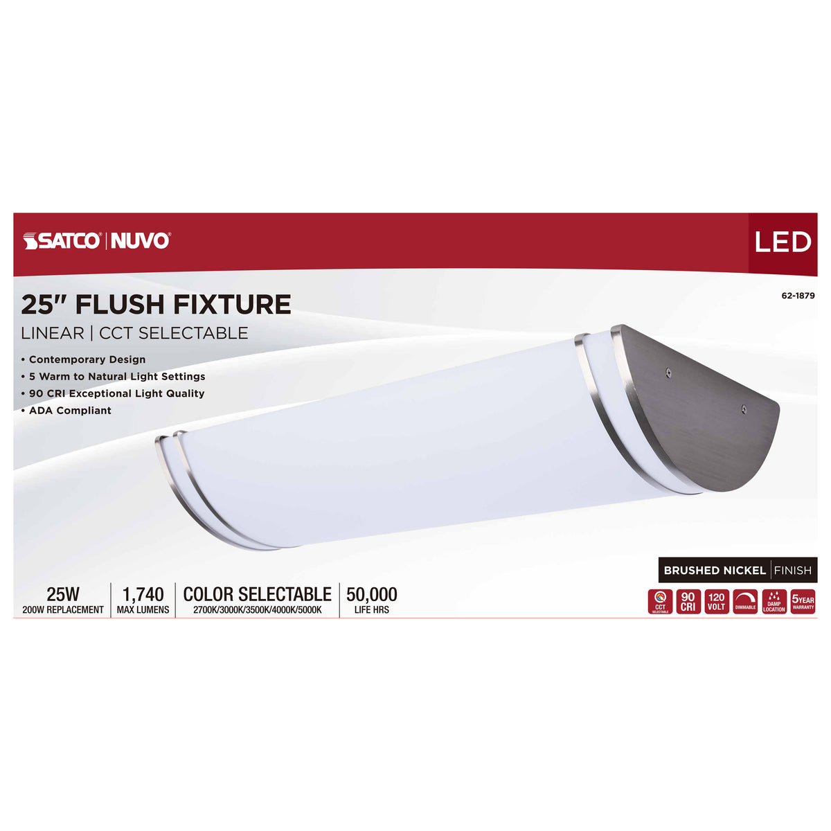 Glamour - LED 25 Inch Linear Flush Mount - Brushed Nickel Finish - 27K/3K/35K/4K/5K CCT Selectable