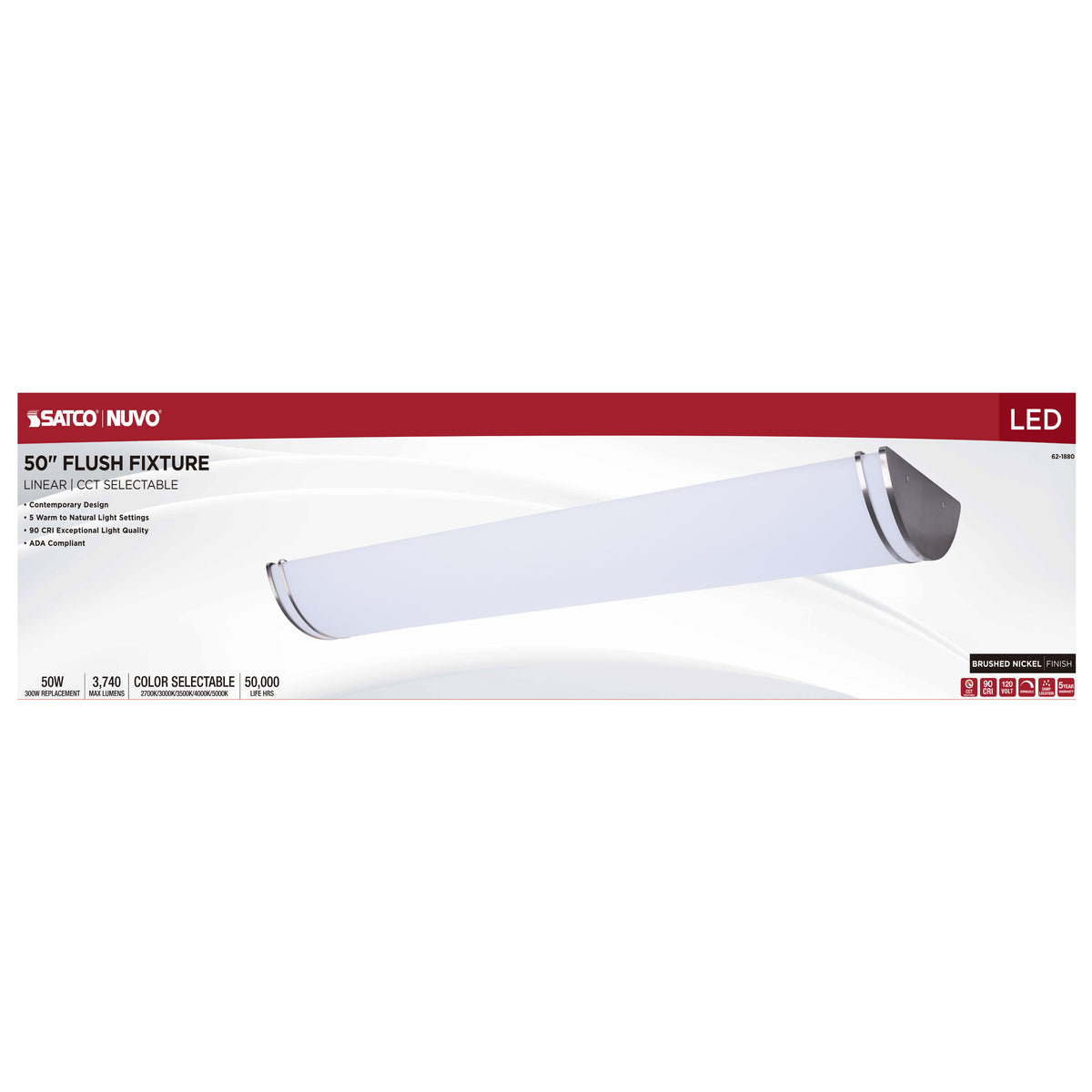Glamour - LED 50 Inch Linear Flush Mount - Brushed Nickel Finish - 27K/3K/35K/4K/5K CCT Selectable