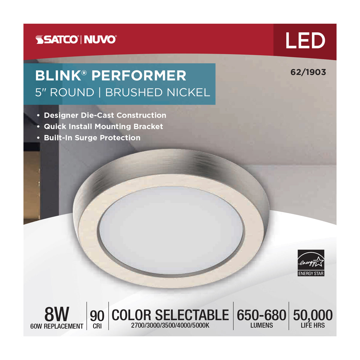 Blink Performer - 8 Watt LED - 5 Inch Round Fixture - Brushed Nickel Finish - 5 CCT Selectable