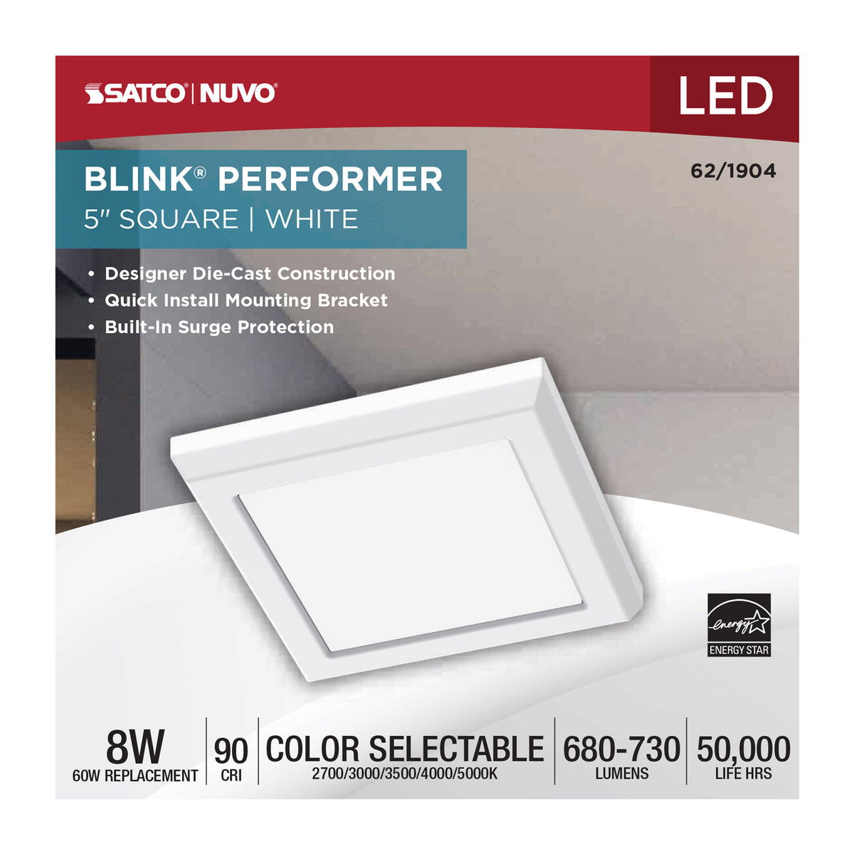 Blink Performer - 8 Watt LED - 5 Inch Square Fixture - White Finish - 5 CCT Selectable