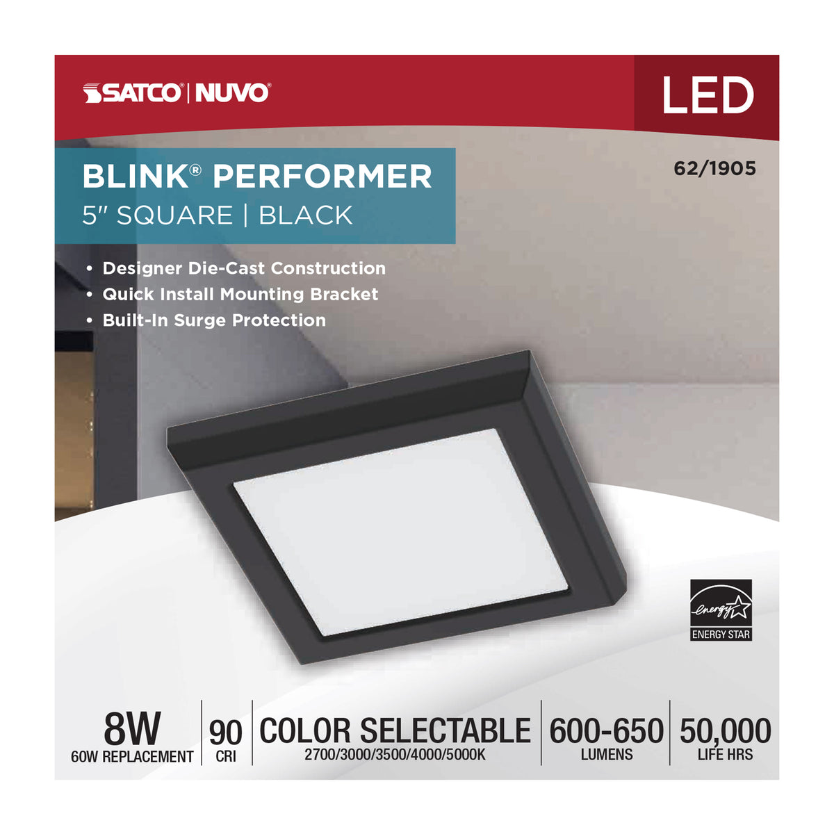 Blink Performer - 8 Watt LED - 5 Inch Square Fixture - Black Finish - 5 CCT Selectable