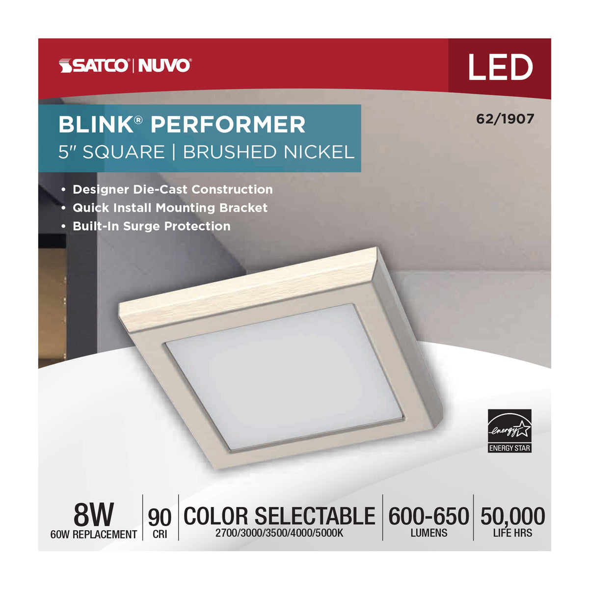 Blink Performer - 8 Watt LED - 5 Inch Square Fixture - Brushed Nickel Finish - 5 CCT Selectable