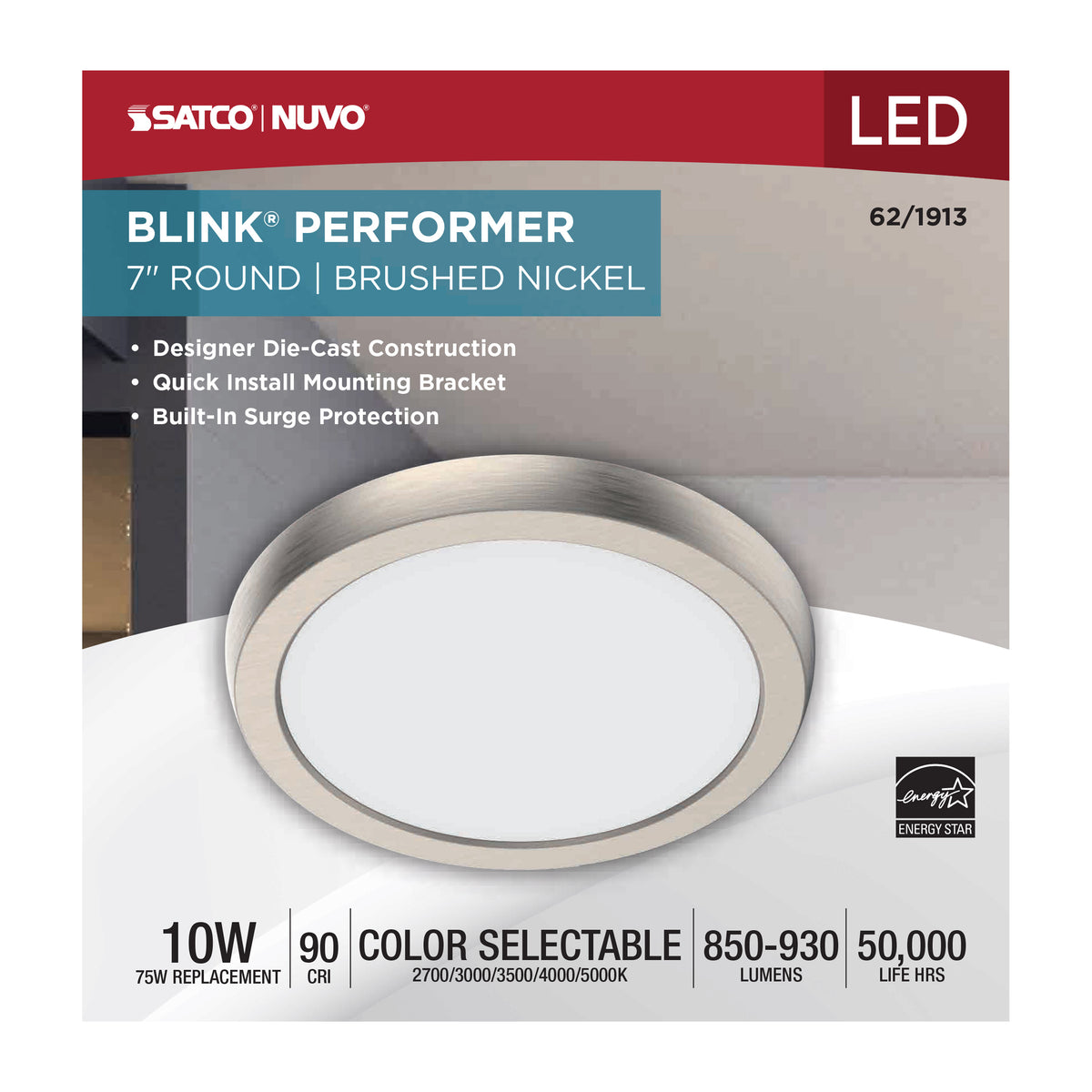 Blink Performer - 10 Watt LED - 7 Inch Round Fixture - Brushed Nickel Finish - 5 CCT Selectable