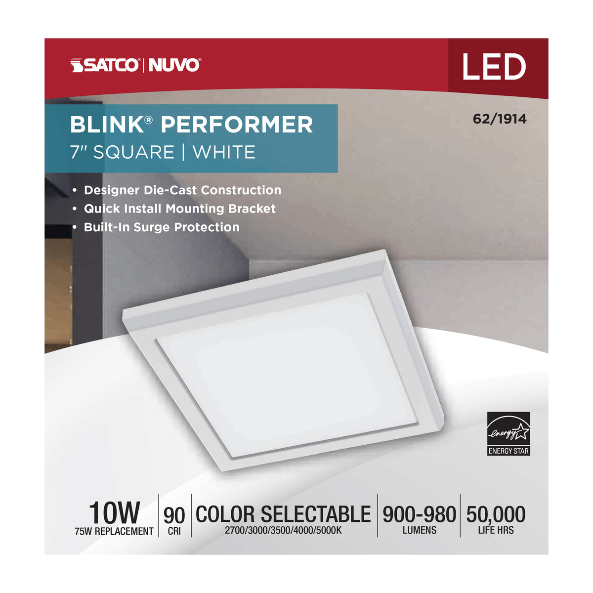 Blink Performer - 10 Watt LED - 7 Inch Square Fixture - White Finish - 5 CCT Selectable