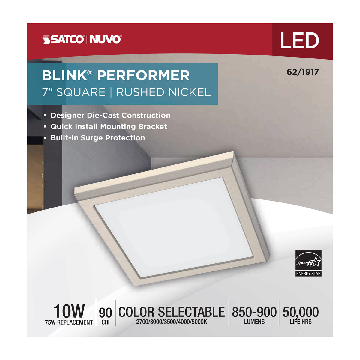 Blink Performer - 10 Watt LED - 7 Inch Square Fixture - Brushed Nickel Finish - 5 CCT Selectable