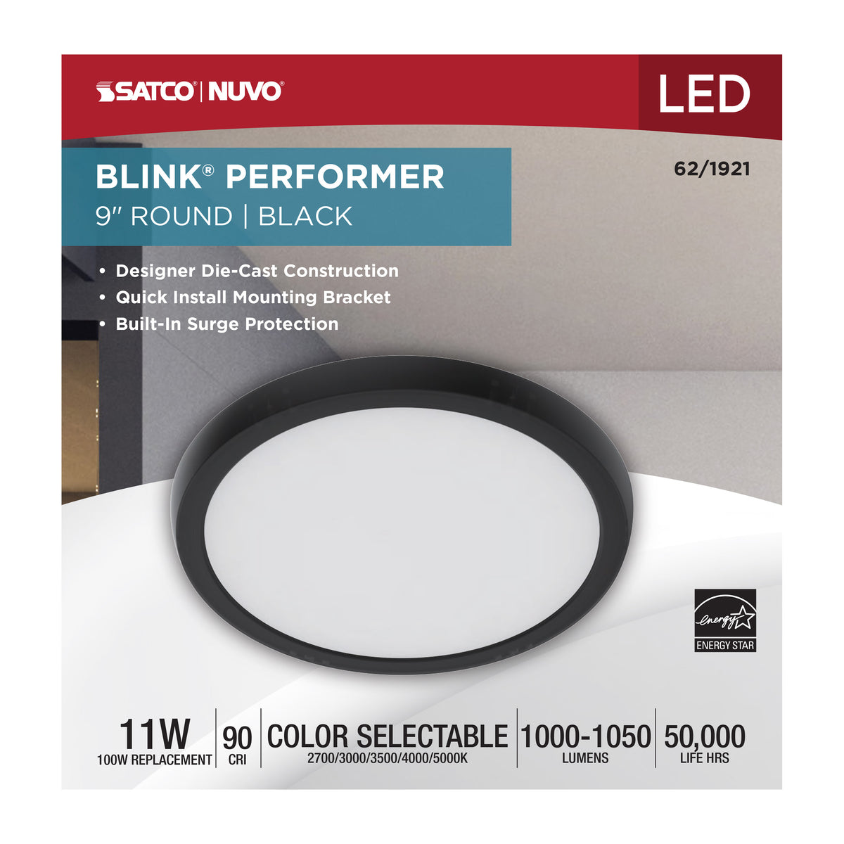 Blink Performer - 11 Watt LED - 9 Inch Round Fixture - Black Finish - 5 CCT Selectable