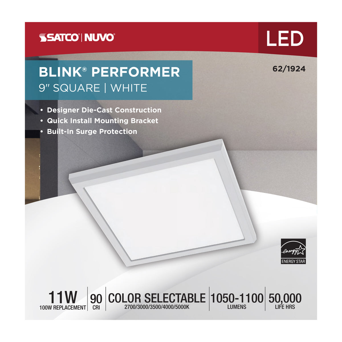 Blink Performer - 11 Watt LED - 9 Inch Square Fixture - White Finish - 5 CCT Selectable