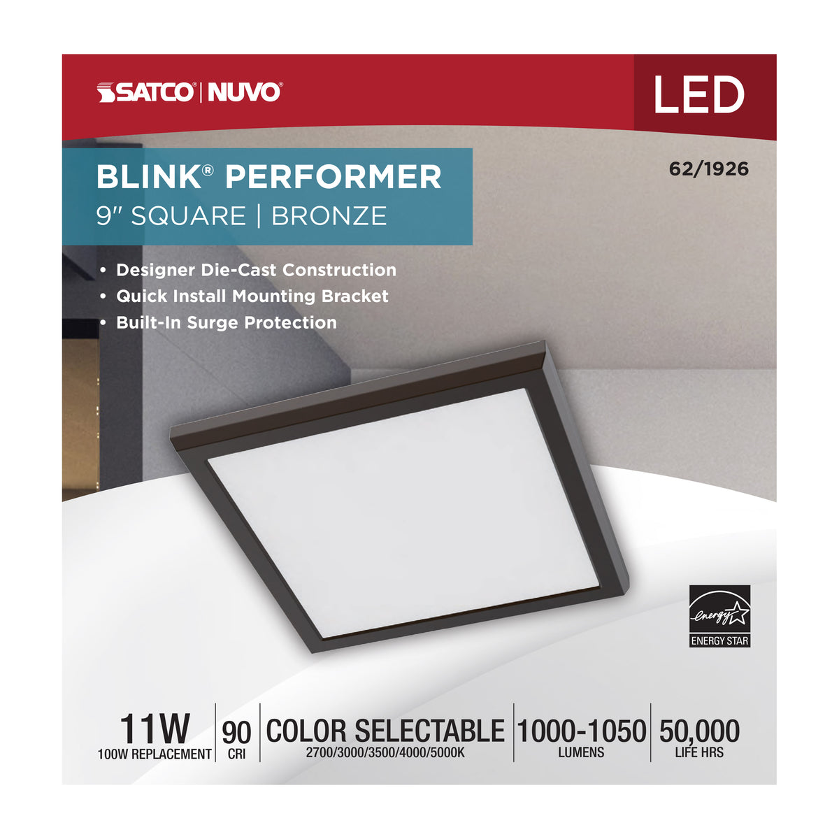 Blink Performer - 11 Watt LED - 9 Inch Square Fixture - Bronze Finish - 5 CCT Selectable