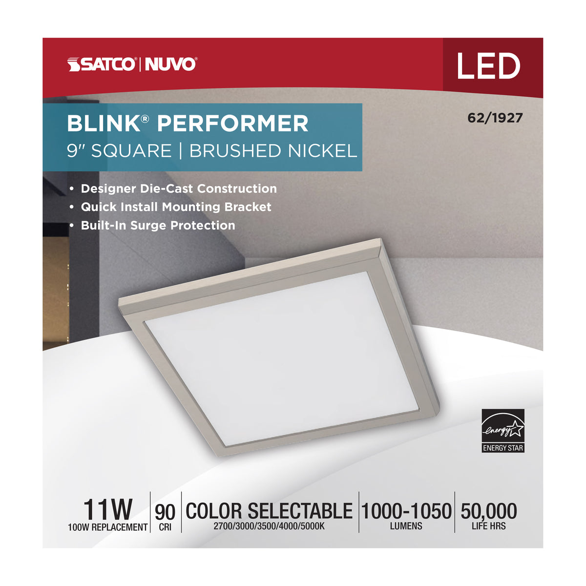 Blink Performer - 11 Watt LED - 9 Inch Square Fixture - Brushed Nickel Finish - 5 CCT Selectable