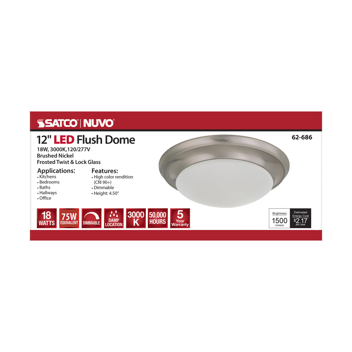 18W - Flush Mount Twist & Lock Fixture - LED - 12 in. - Brushed Nickel Finish - Frosted Glass