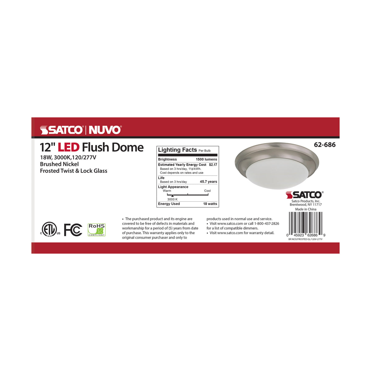 18W - Flush Mount Twist & Lock Fixture - LED - 12 in. - Brushed Nickel Finish - Frosted Glass