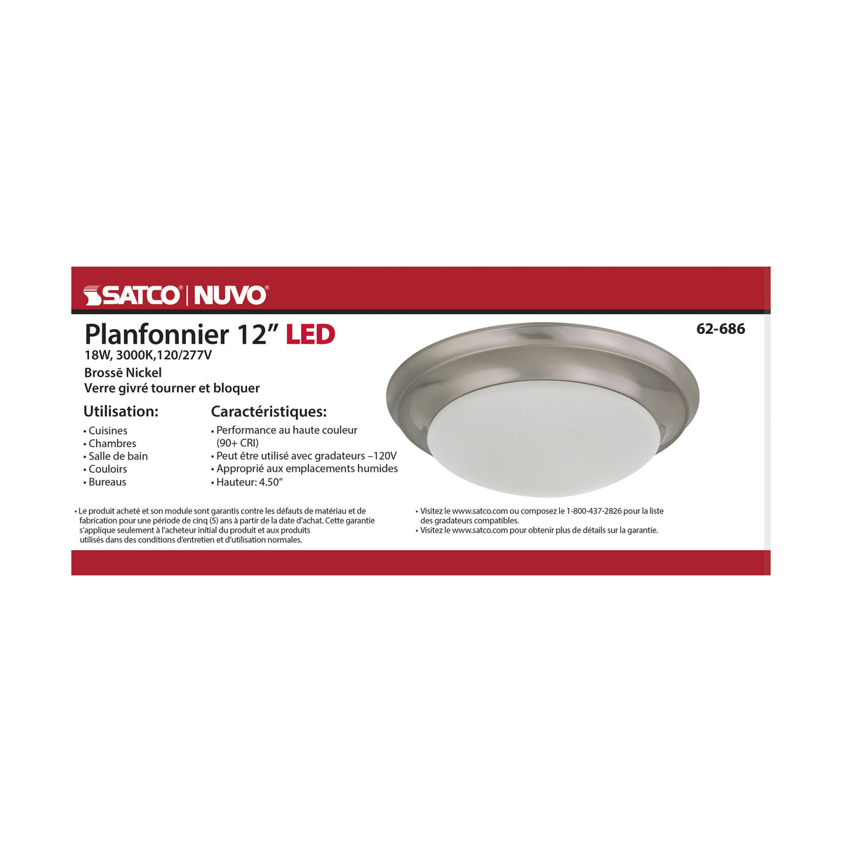 18W - Flush Mount Twist & Lock Fixture - LED - 12 in. - Brushed Nickel Finish - Frosted Glass