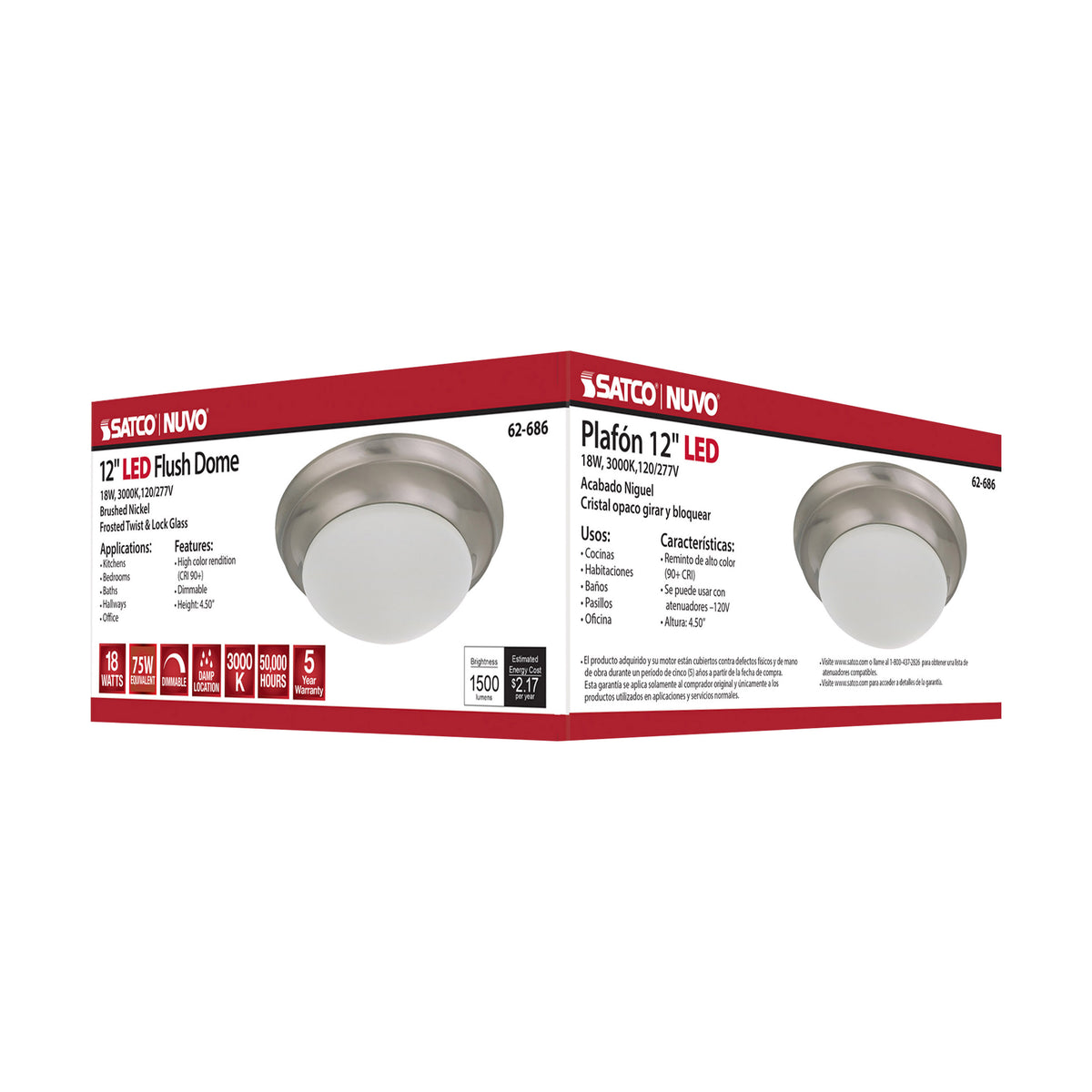 18W - Flush Mount Twist & Lock Fixture - LED - 12 in. - Brushed Nickel Finish - Frosted Glass