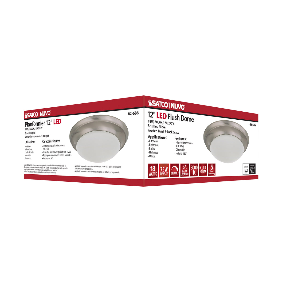 18W - Flush Mount Twist & Lock Fixture - LED - 12 in. - Brushed Nickel Finish - Frosted Glass