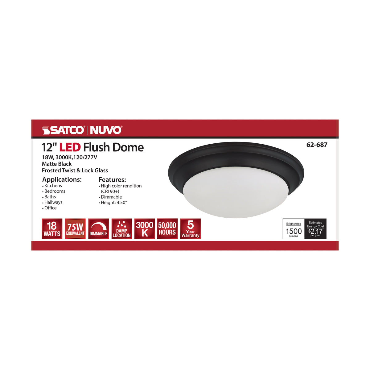 18W - Flush Mount Twist & Lock Fixture - LED - 12 in. - Matte Black Finish - Frosted Glass