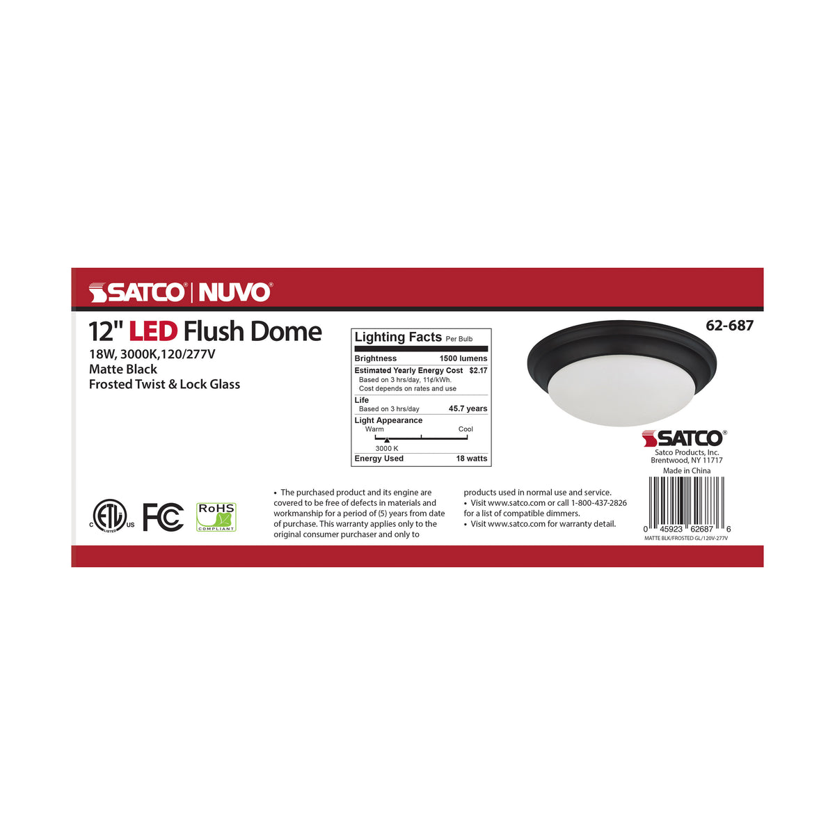 18W - Flush Mount Twist & Lock Fixture - LED - 12 in. - Matte Black Finish - Frosted Glass