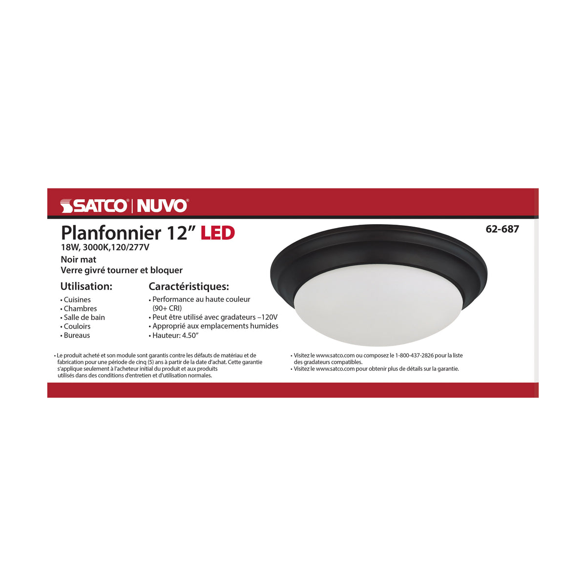 18W - Flush Mount Twist & Lock Fixture - LED - 12 in. - Matte Black Finish - Frosted Glass