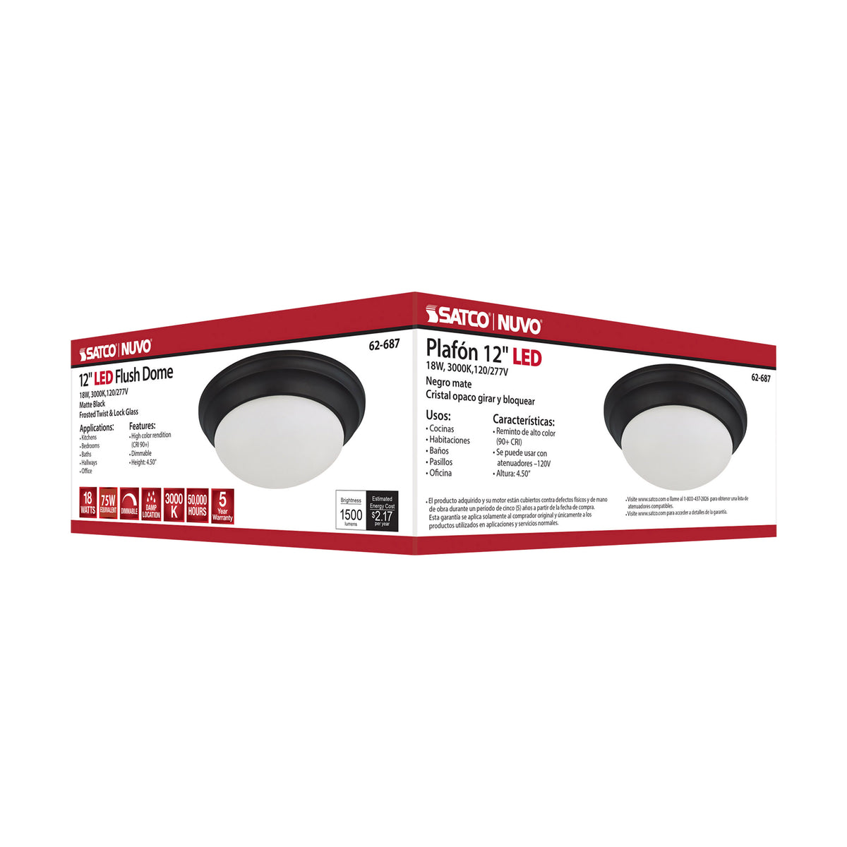 18W - Flush Mount Twist & Lock Fixture - LED - 12 in. - Matte Black Finish - Frosted Glass