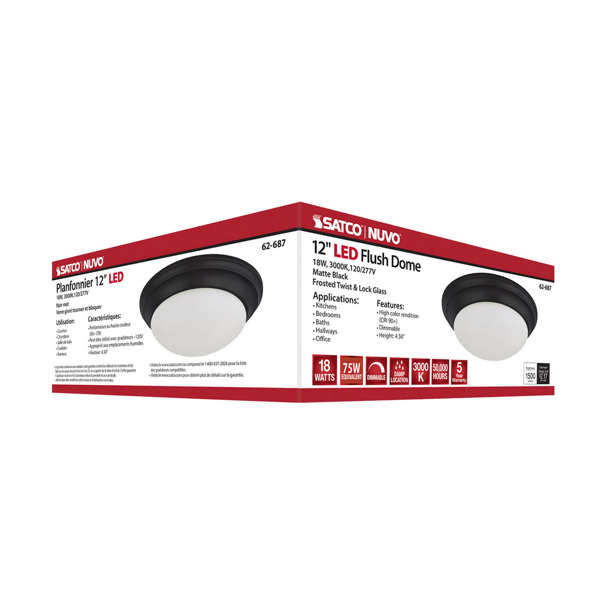 18W - Flush Mount Twist & Lock Fixture - LED - 12 in. - Matte Black Finish - Frosted Glass