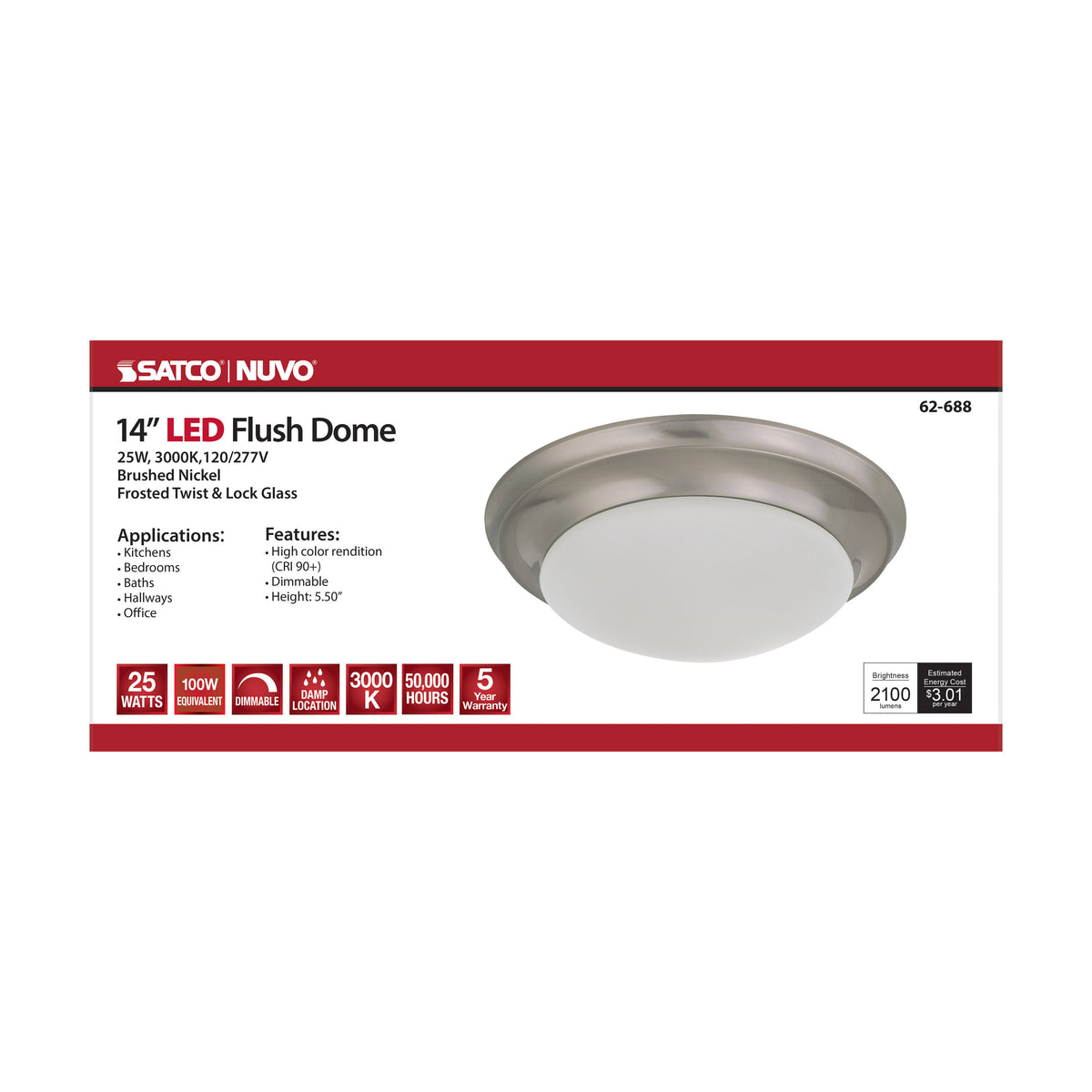 25W - Flush Mount Twist & Lock Fixture - LED - 14 in. - Brushed Nickel Finish - Frosted Glass