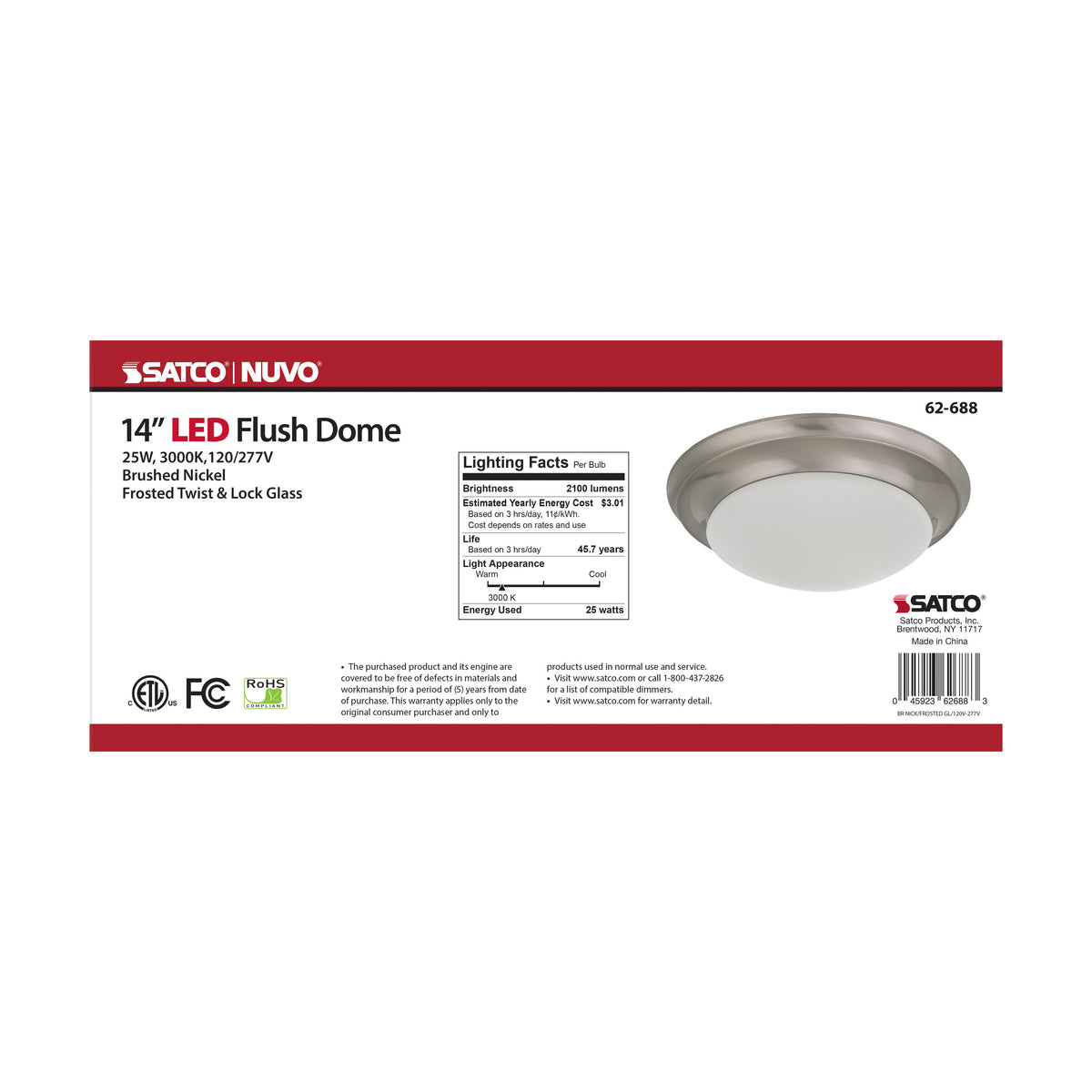 25W - Flush Mount Twist & Lock Fixture - LED - 14 in. - Brushed Nickel Finish - Frosted Glass