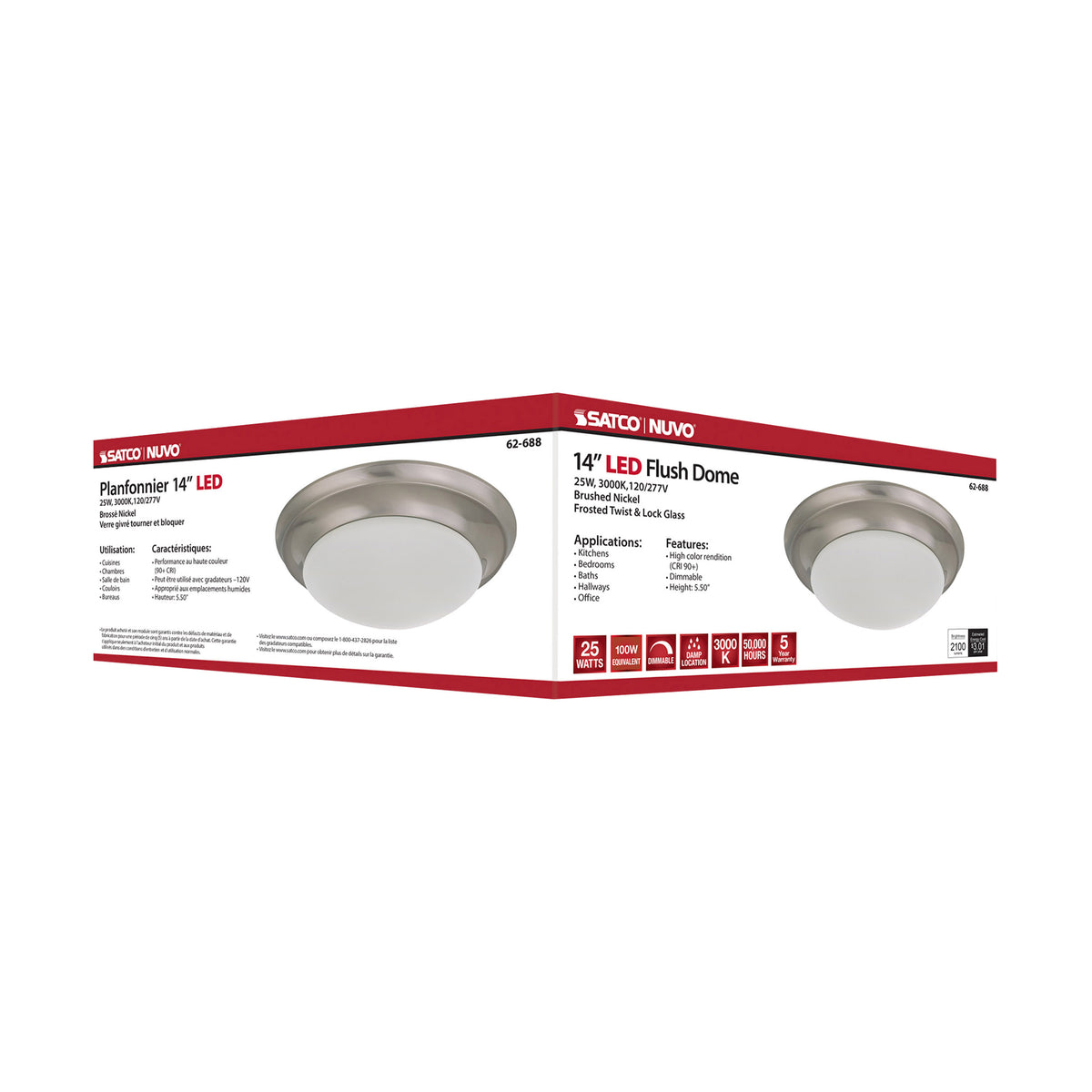 25W - Flush Mount Twist & Lock Fixture - LED - 14 in. - Brushed Nickel Finish - Frosted Glass
