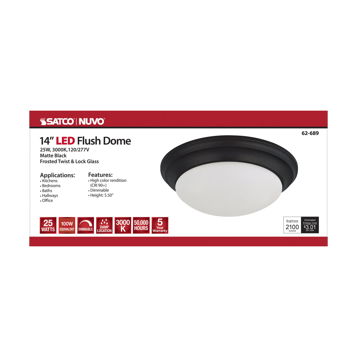 25W - Flush Mount Twist & Lock Fixture - LED - 14 in. - Matte Black Finish - Frosted Glass