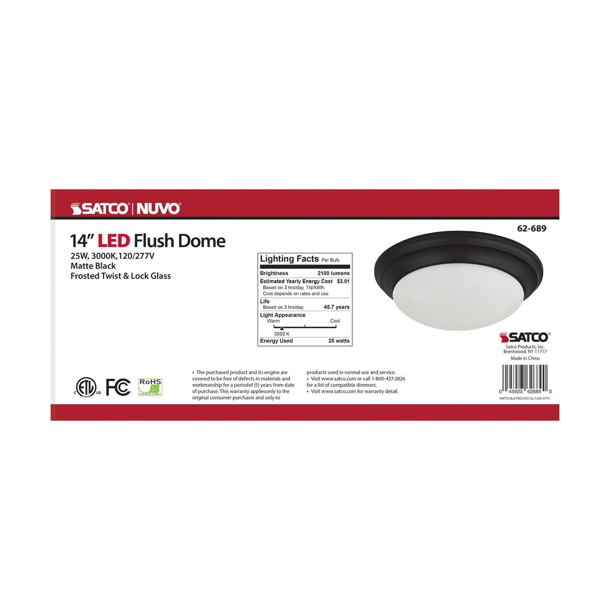 25W - Flush Mount Twist & Lock Fixture - LED - 14 in. - Matte Black Finish - Frosted Glass
